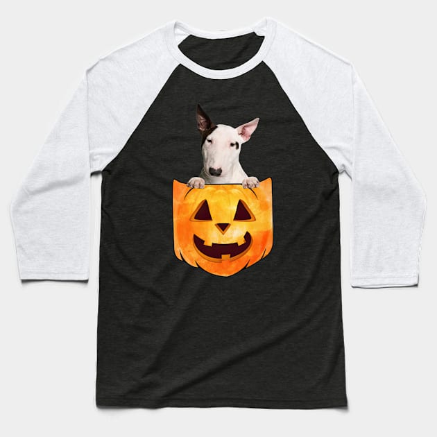 Bull Terrier Dog In Pumpkin Pocket Halloween Baseball T-Shirt by TATTOO project